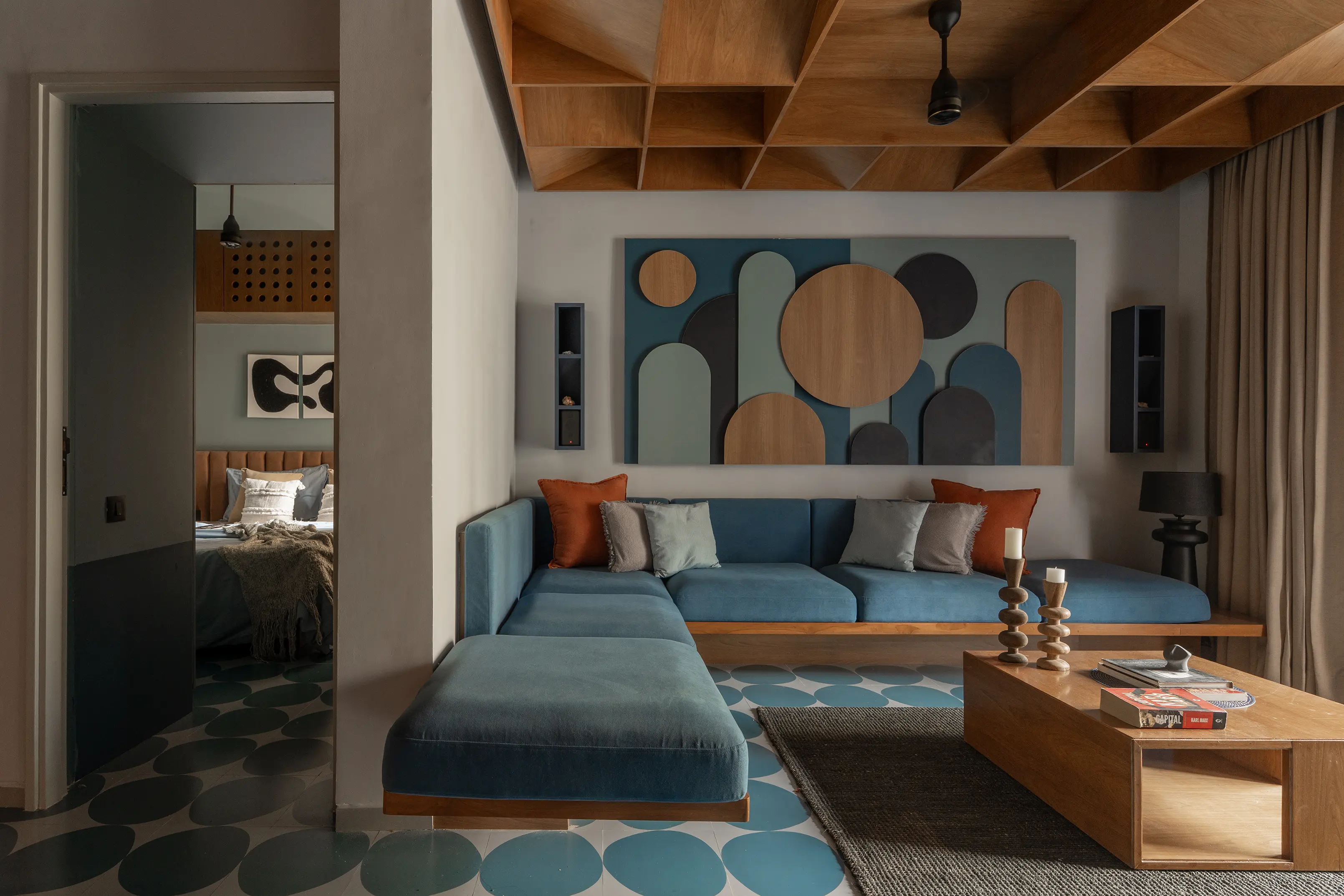 Chennai Interiors living room wooden ceiling detail